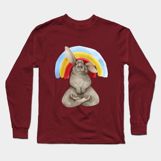 meditating bunny with rainbow Long Sleeve T-Shirt by KindSpirits